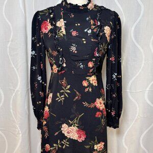 Zara Women’s Floral Ruffle Long Sleeve Mini Dress Medium Lace Trim Romantic Blk